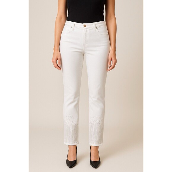 Simon Chang Denim Womens White Rhinestone Hem Ankle Jeans Size 12 Style 6654 - Picture 1 of 11